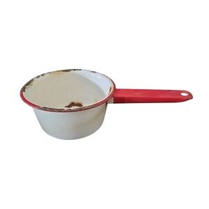 Vintage Enamelware Saucepan Small Cooking‎ Pot Rustic Farmhouse Decor Red White